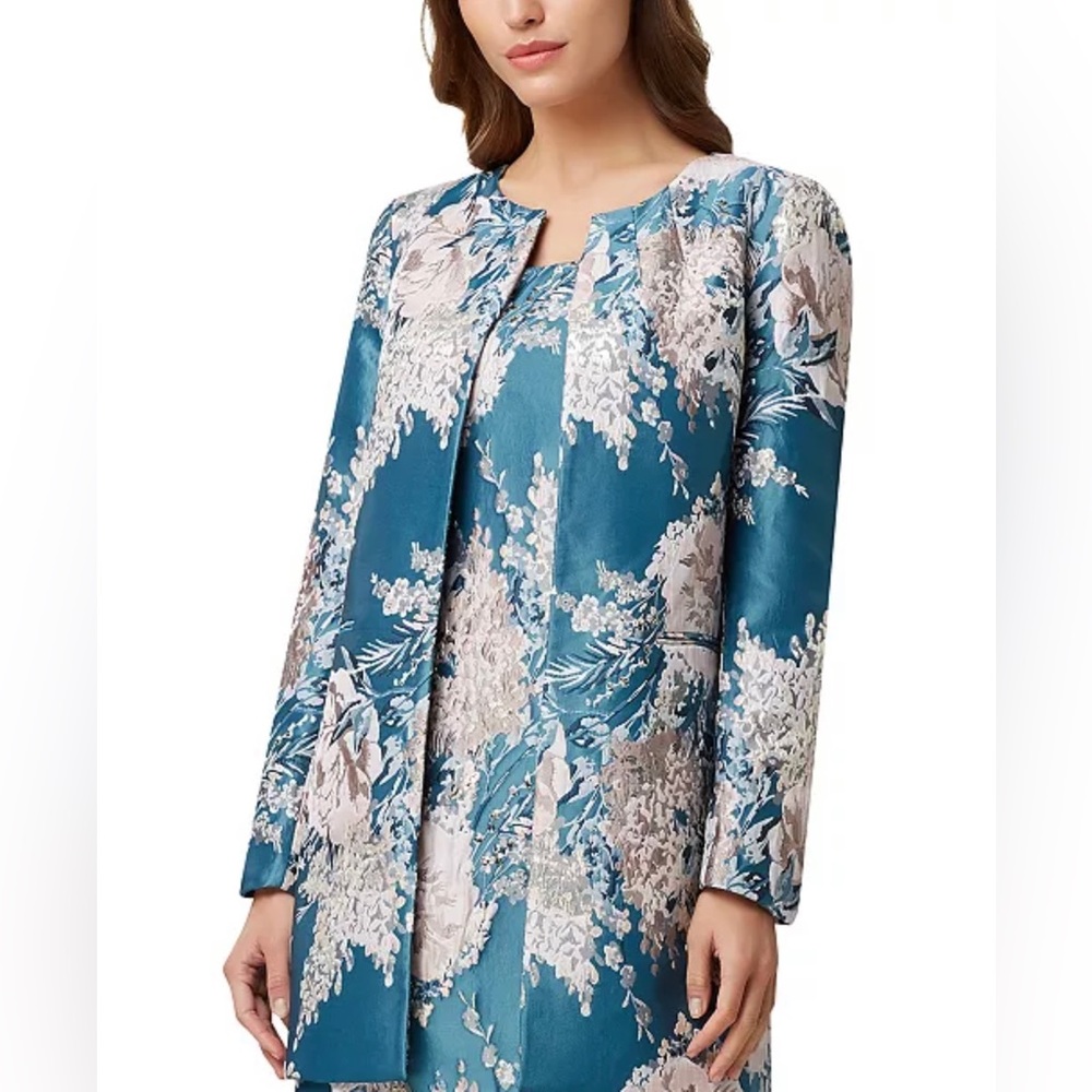 Tahari ASL Size 16 Floral Jacquard Topper Jacket Turquoise Metallic Teal Pink